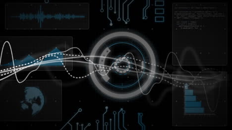 Animation-of-digital-data-processing-and-scope-over-circuit-board