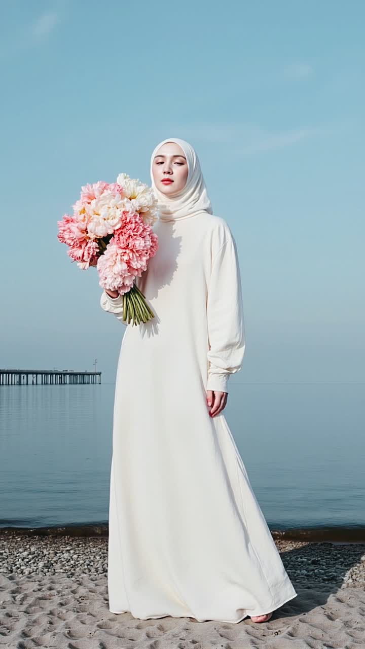 Wanita Berhijab dan Bergaun di Pantai dengan Bunga