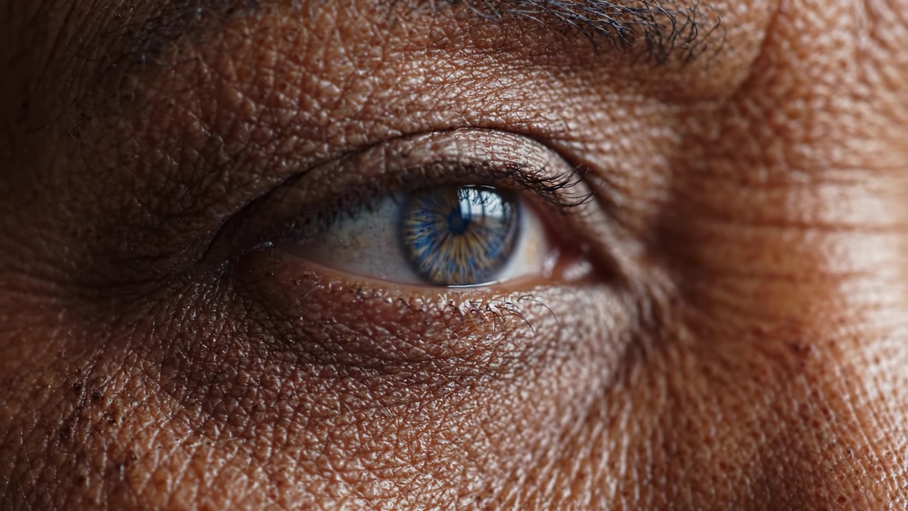 Close-Up of an Eye Capturing the Details of the Iris, Eyelids, and Texture of the Skin Beneath in Rich, Subtle Tones Revealing Unique Character and Expressiveness