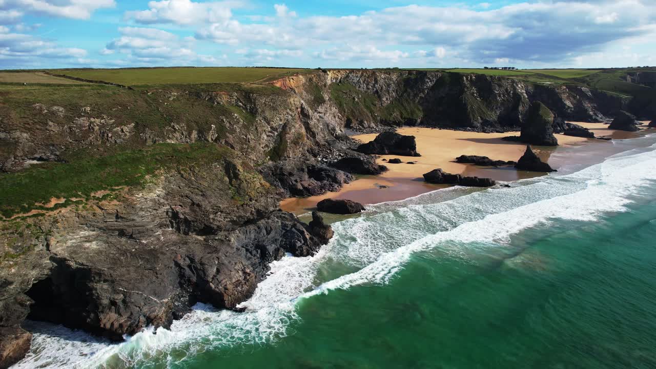 Beautiful Scenic Views Over Bedruthan Steps Along the Cornish Coastline with an Aerial Drone