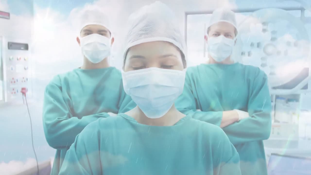 병원에서 얼굴 마스크를 쓰고 있는 외과 의사들 위의 구름과 하늘의 애니메이션