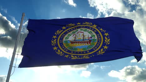 new hampshire flag on a flagpole waving in the wind, blue sky background. 4k