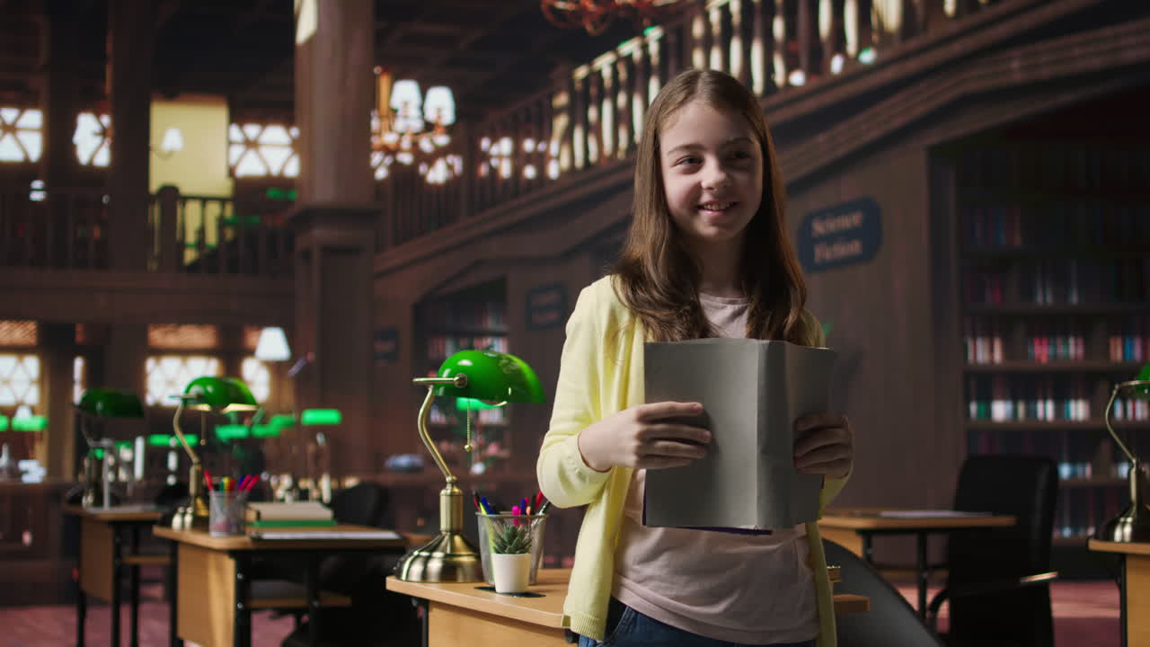 una chica leyendo en una biblioteca.