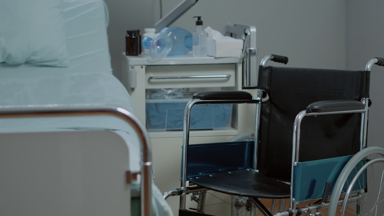 Close up of wheelchair in hospital ward for healthcare