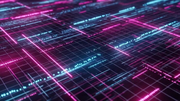 Una visualizzazione dinamica di rappresentazioni di dati digitali astratti con linee al neon brillanti e pattern a griglia che illustrano i progressi della tecnologia moderna