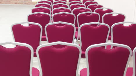rows of pink chairs in the room. the furniture pieces in the interior of ceremony space.