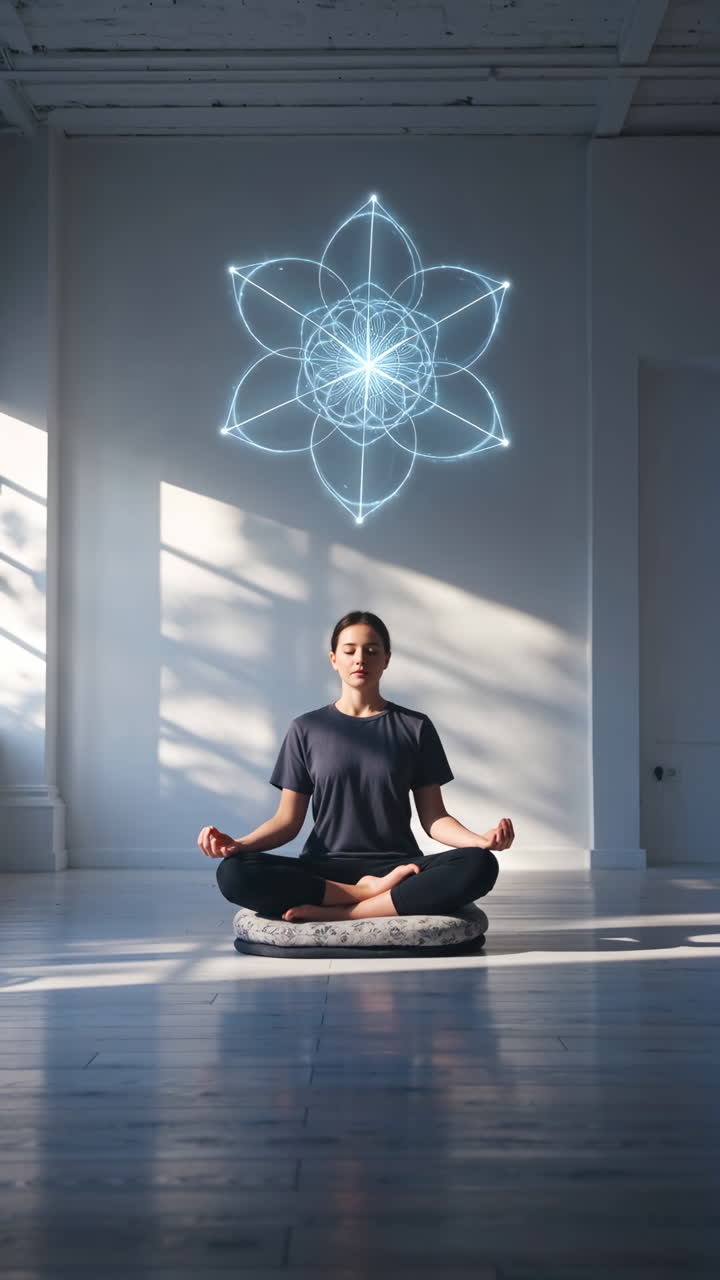 Woman Meditating with Glowing Spiritual Symbol