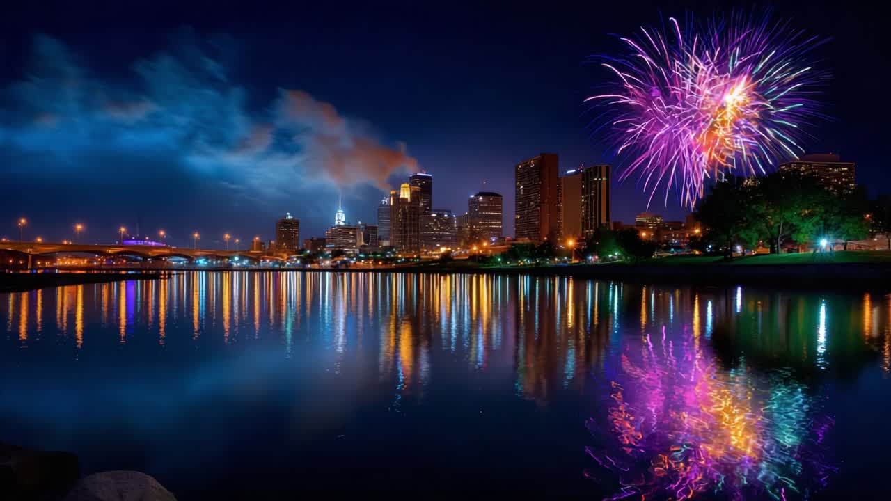 A Night of Vibrant Fireworks Over a City Skyline Reflecting in Water, Showcasing the Unique Beauty of Urban Life Against a Backdrop of Colorful Explosions and Glimmering Lights