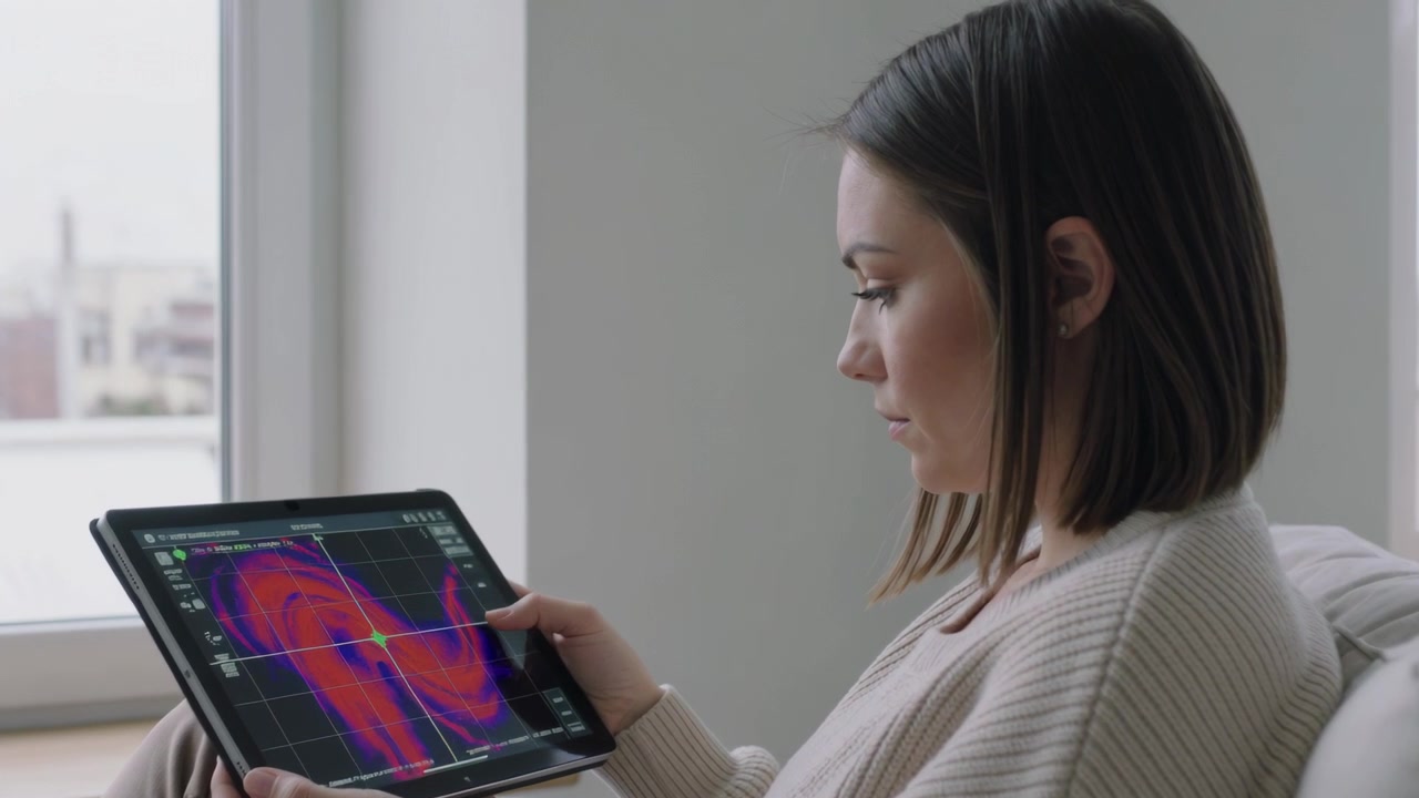 Donna con maglione a coste tocca e manipola una heatmap su tablet vicino alla finestra, esplorando i dati, con spazio per il testo.