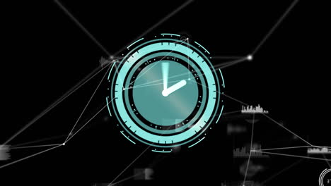 animación de un reloj moviéndose rápidamente a través de una red de conexiones sobre fondo negro