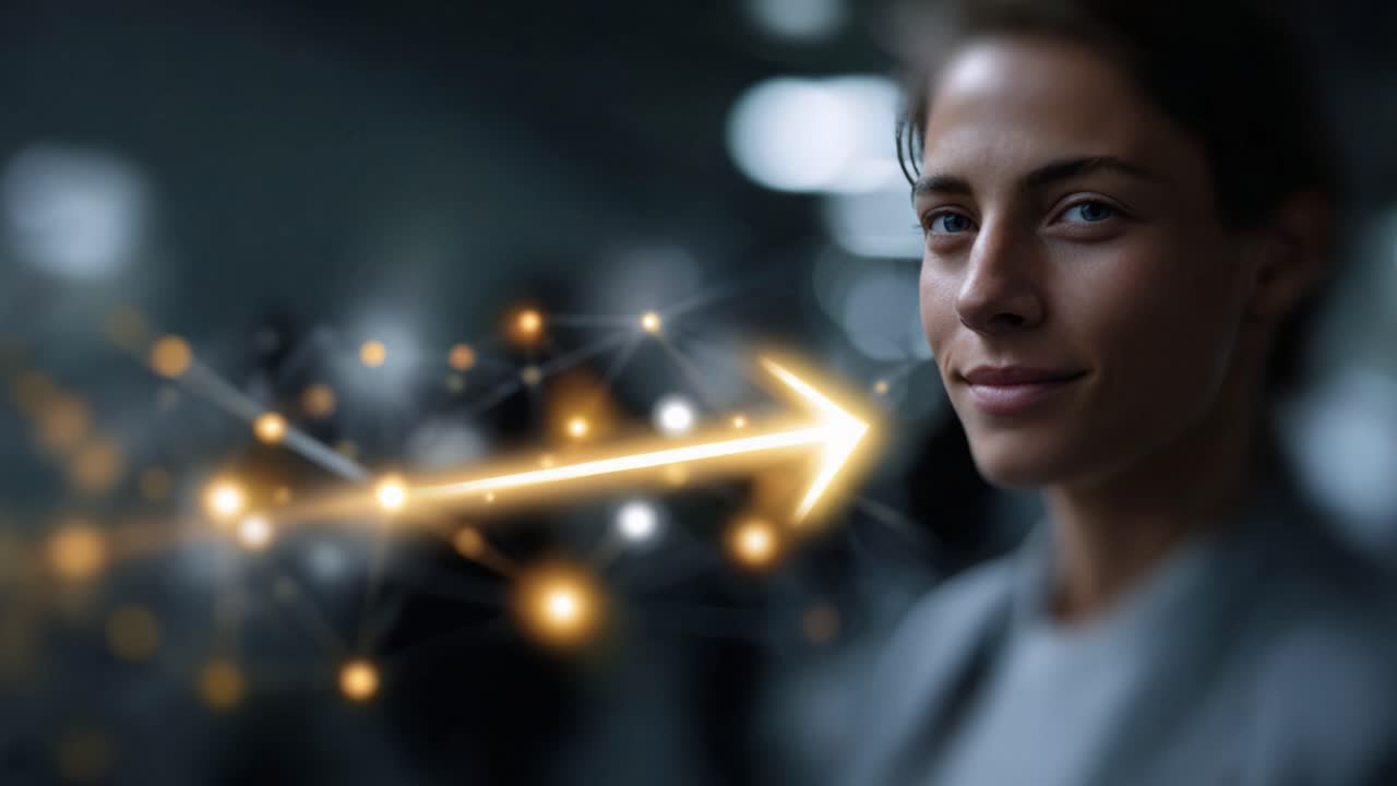 Mulher Confiante Sorrindo com uma Flecha Dinâmica de Luz Simbolizando Progresso, Conexão e Inovação em um Ambiente Moderno e de Alta Tecnologia