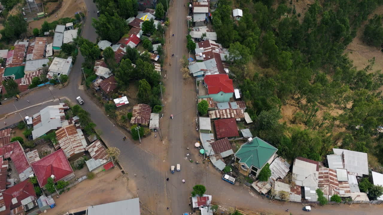 Settlements Along Crossroads In The Old Town Of Gondar In Northern Ethiopia. Aerial Drone Shot
