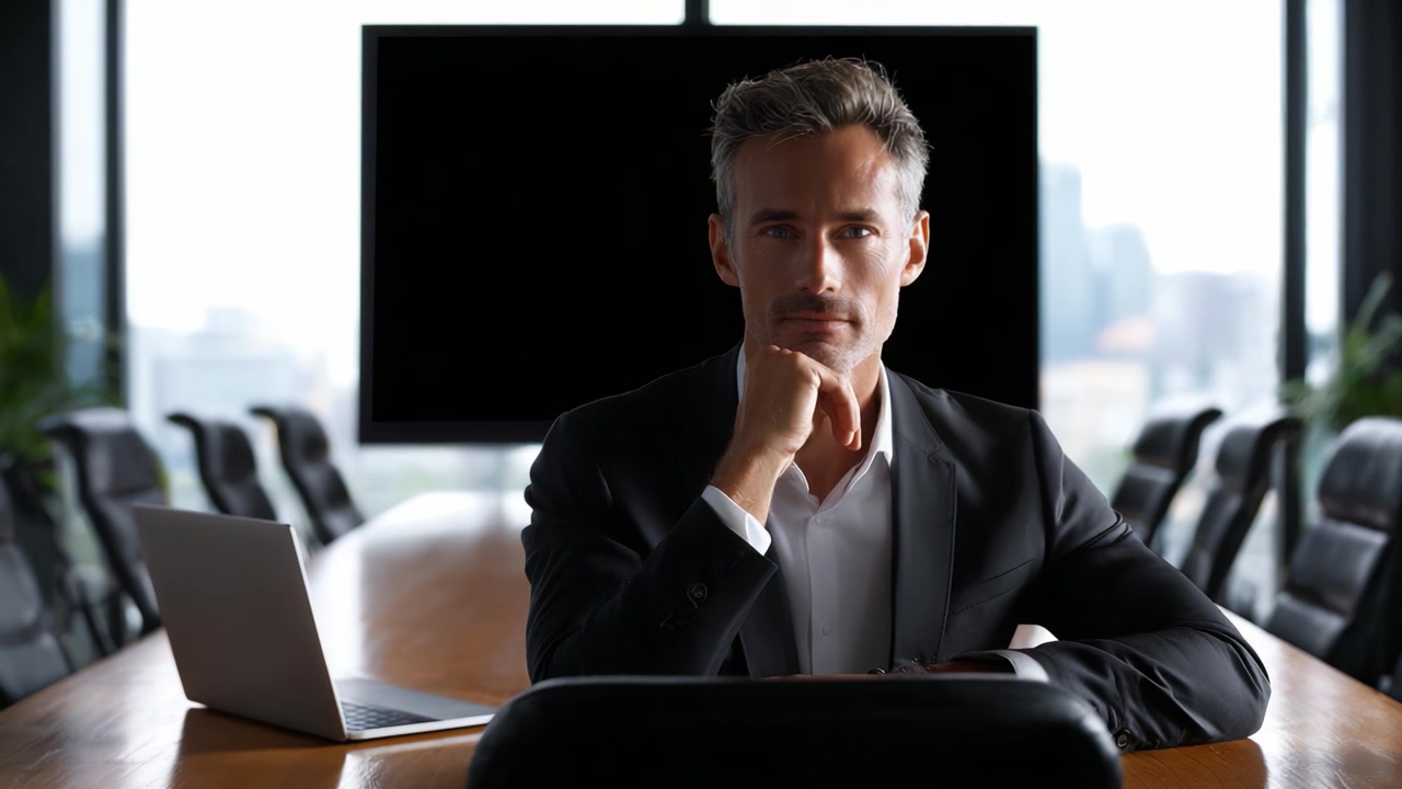 Selvsikker forretningsmand sidder ved konferencebord på moderne kontor med bærbar computer og stor skærm, udstråler professionalisme og lederegenskaber for at inspirere teamet