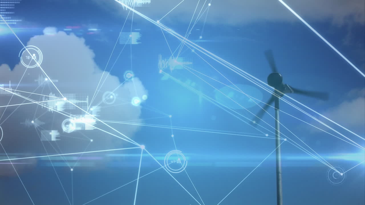 Animation of network connections over wind turbines and blue sky