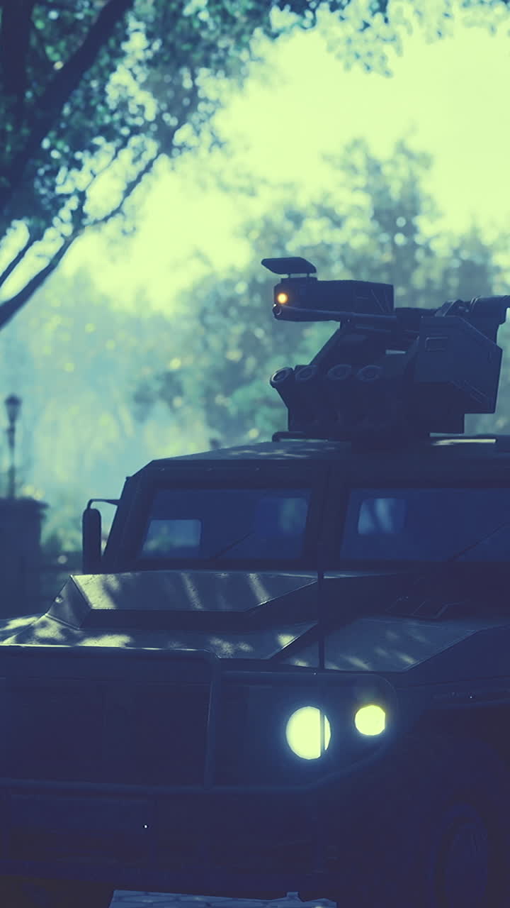 Military vehicle parked outside in a foggy urban environment at dawn
