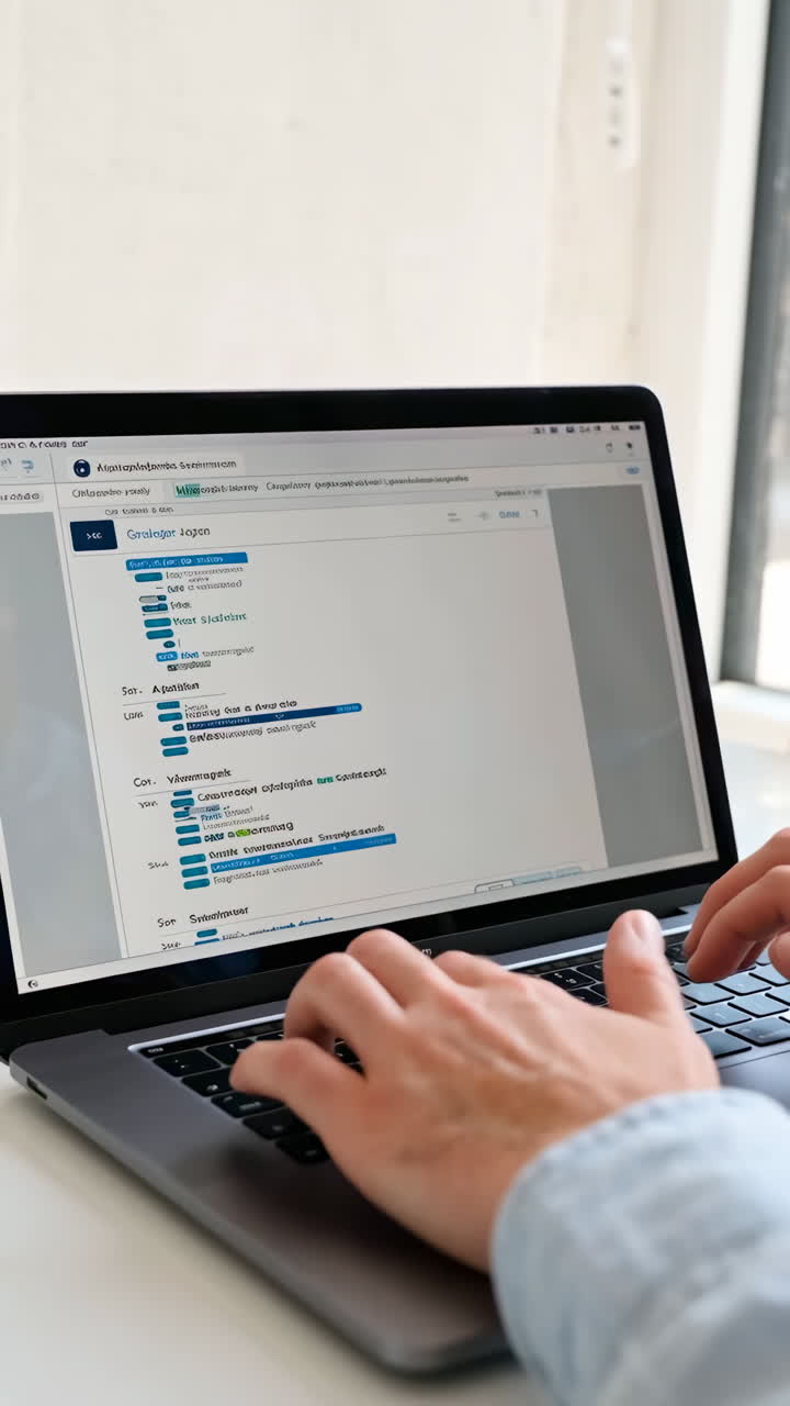 Person typing on a laptop with data displayed on screen