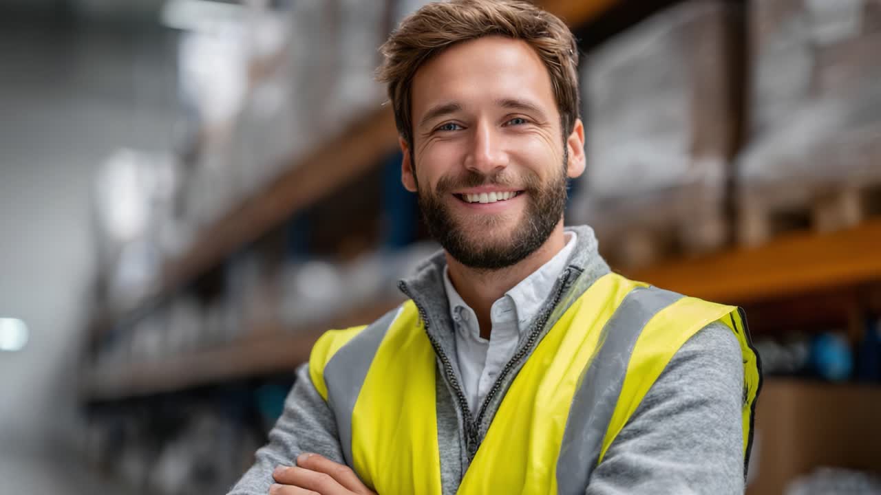 Ein selbstbewusster Lagerarbeiter präsentiert stolz sein professionelles Auftreten, während er in einer gut organisierten Lagerhalle mit Regalen voller Produkte eine Sicherheitsweste trägt