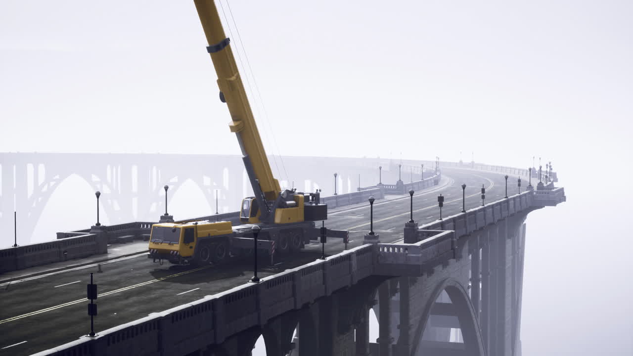 새벽 에 건설 작업 을 하는 동안 안개 가 가득 한 다리 에 있는 무거운 크레인