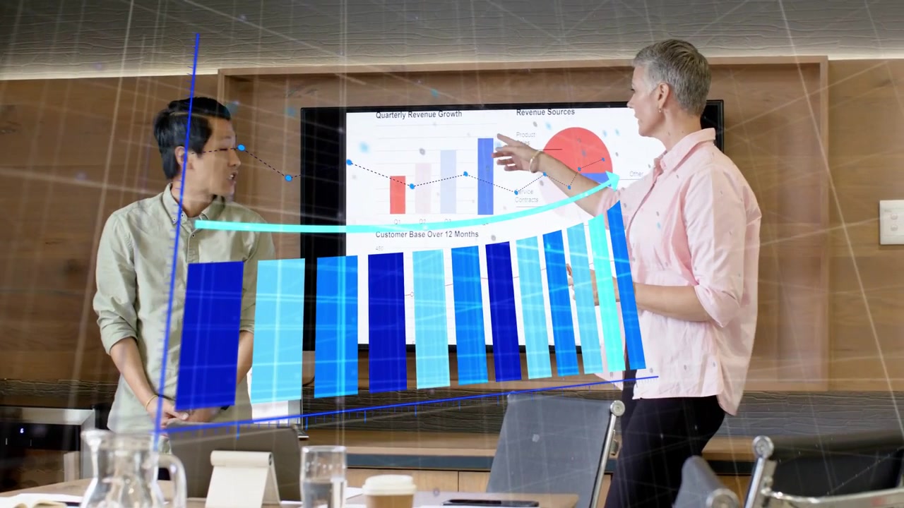 Co-presenters gesturing, causing 3D bars expanding while pointing pie, explaining business trends