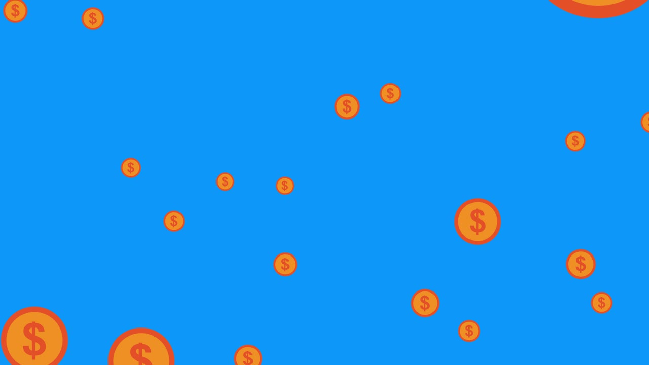 dollar coins background animation.Simple floating dollar coins footage on blue background. 4K UltraHD motion graphic animation.