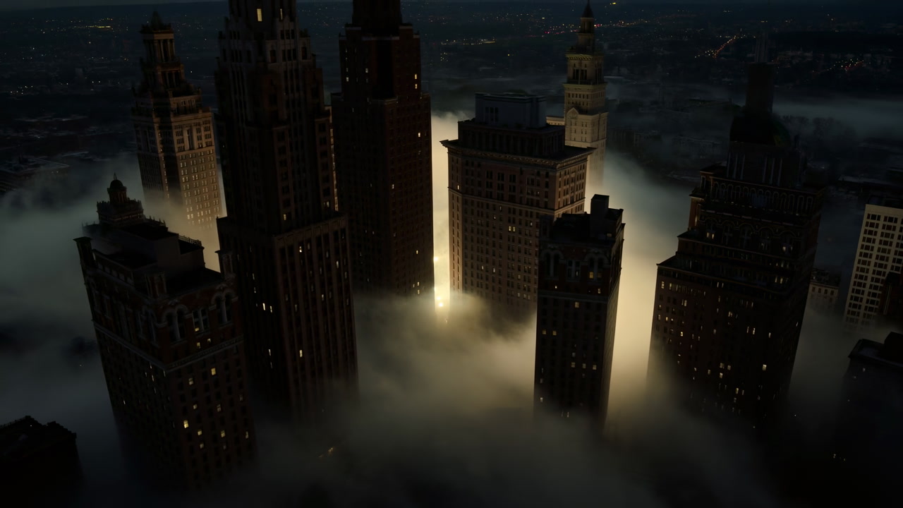 Foggy Night Skyline With Golden Glow. Towering Skyscrapers Emerging From Dense Mist, Warm Light Piercing Fog