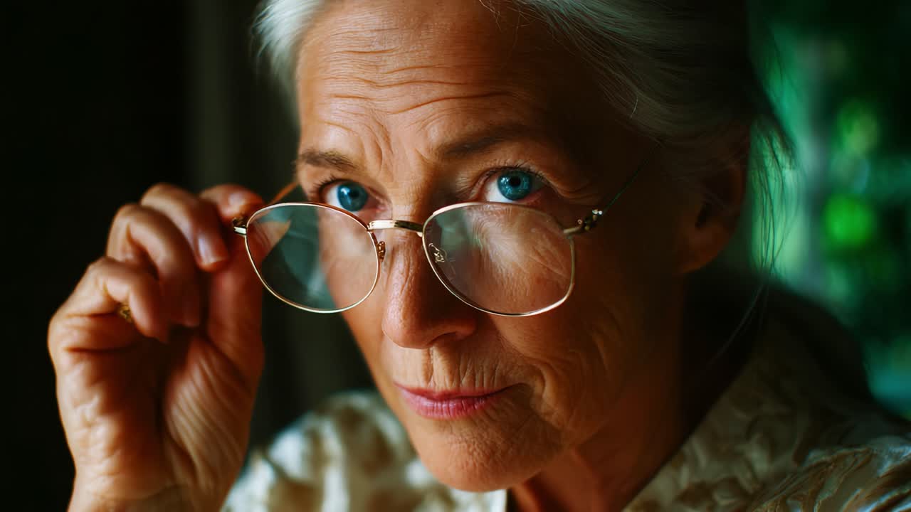 An Intimate Portrait of Wisdom: Capturing the Expressions of an Elderly Woman with Silver Hair and Striking Blue Eyes, Reflecting on Life's Journey Through Time and Experience