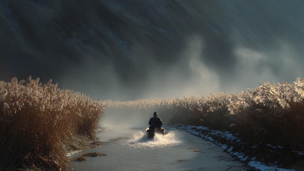 Mysterious Journey Through Misty Reeds: A Solo Adventurer Navigates the Serene Waterway, Captured in Late Evening Light and Ethereal Fog