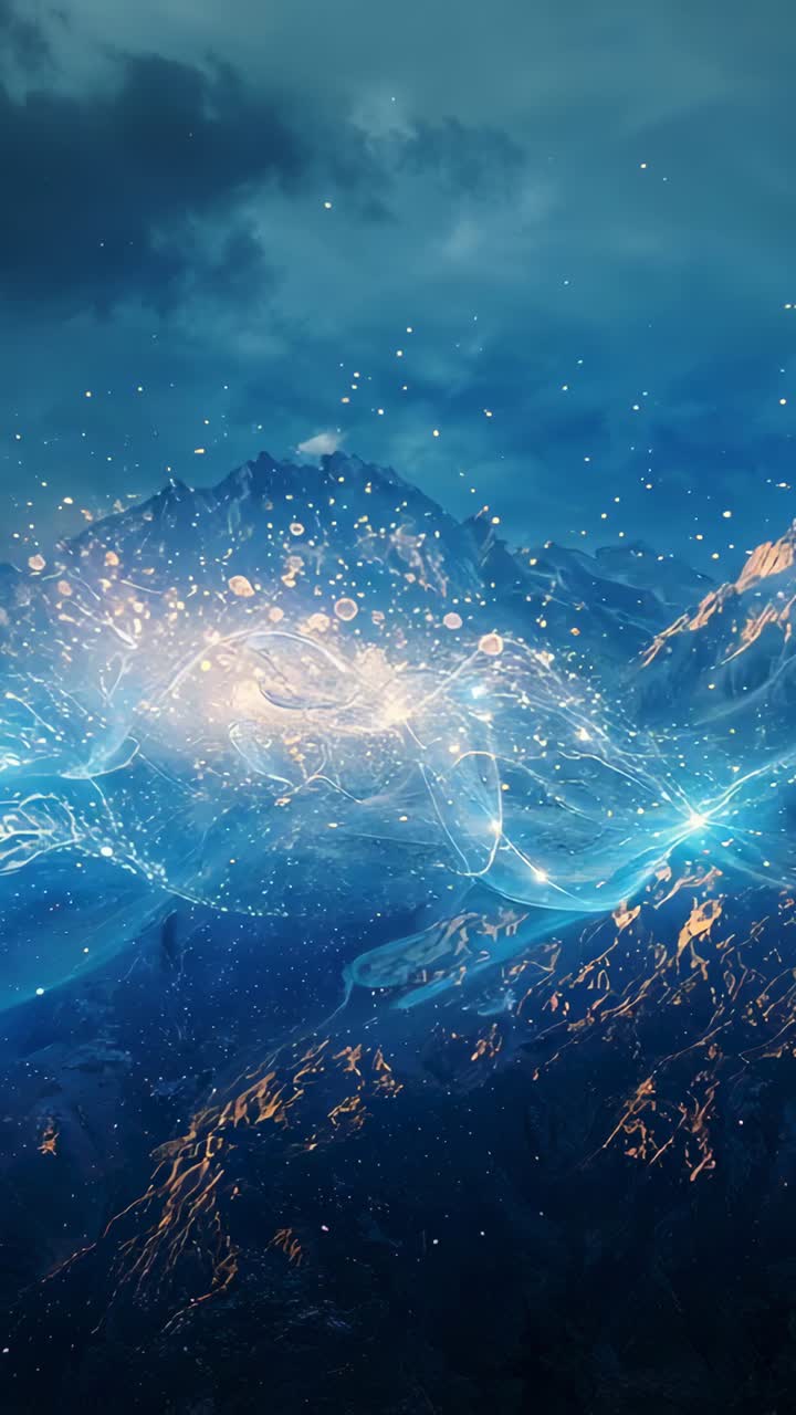 Vertical video: Faint blue ribbon appearing over ridge, web sweeping lighting rocks with gold orbs