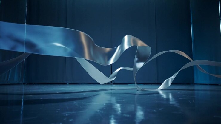 Flusso d'aria che muove un nastro metallico che ondeggia e si avvolge sul pavimento di un palco in studio, riflettendo luce blu.