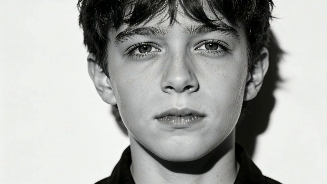Framing adolescent male opening eyes toward camera in studio for headshot, white backdrop