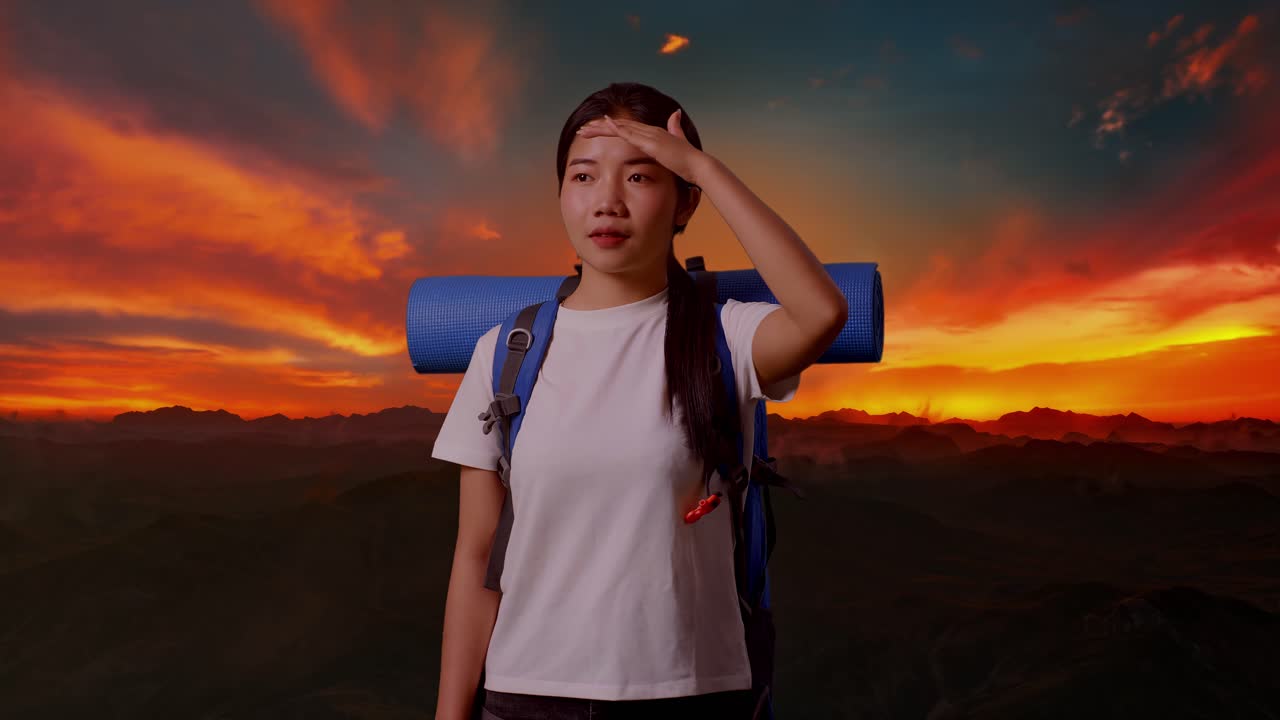 해가 지는 산에서 하이킹하는 여자