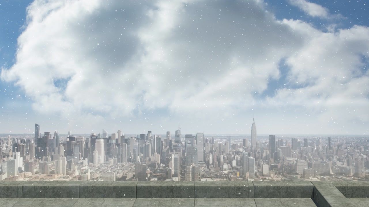 Animation of snow falling over cityscape at christmas