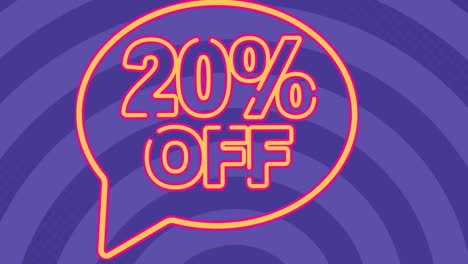 animation of 20 percent off text in speech bubble over circular pattern over blue background