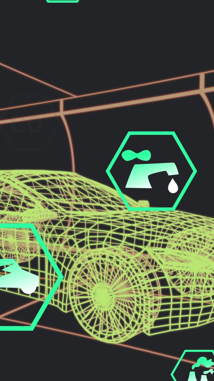 Animazione di icone digitali multiple su un modello di auto 3D in movimento in un pattern senza soluzione di continuità su sfondo nero