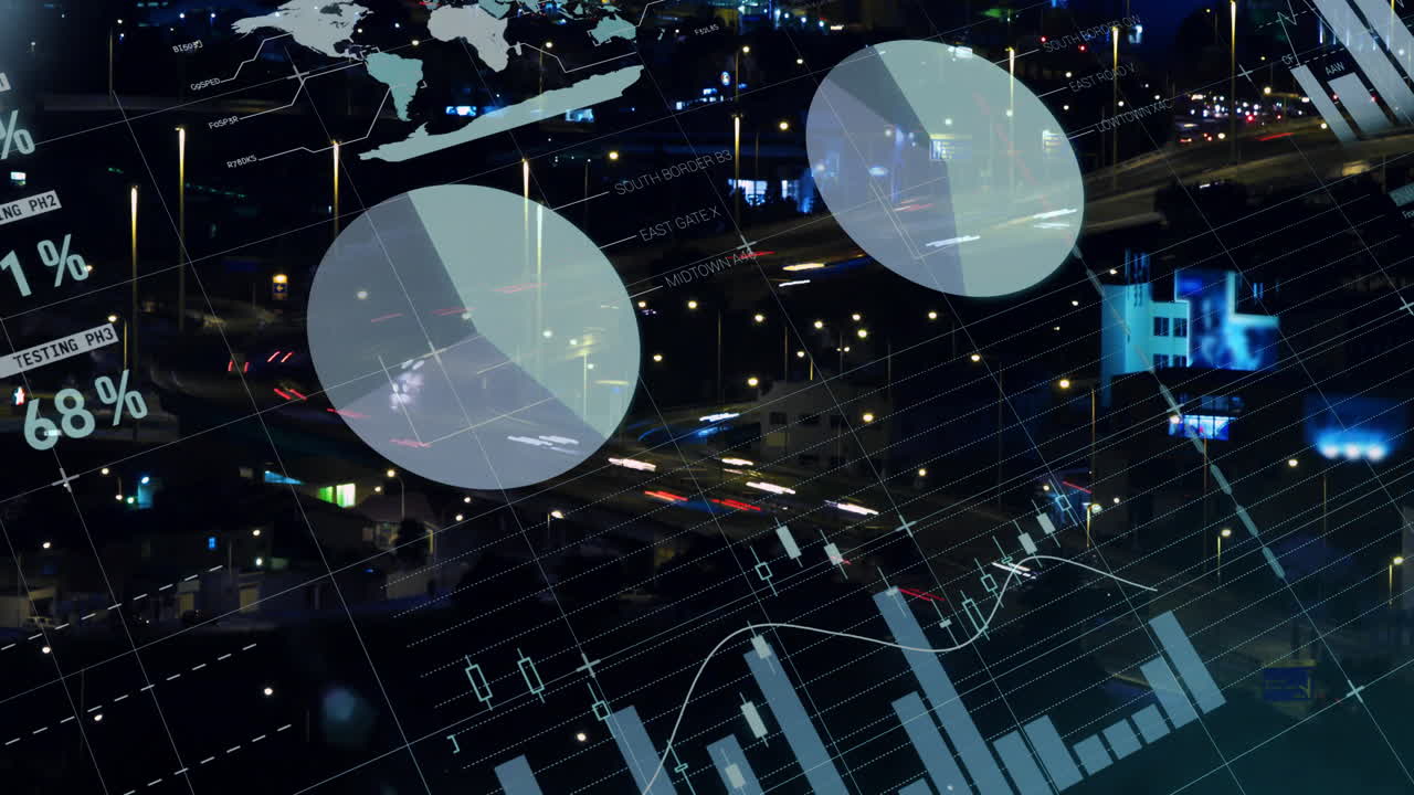 Overlaying cityscape, data analytics and graphs with moving traffic lights visible