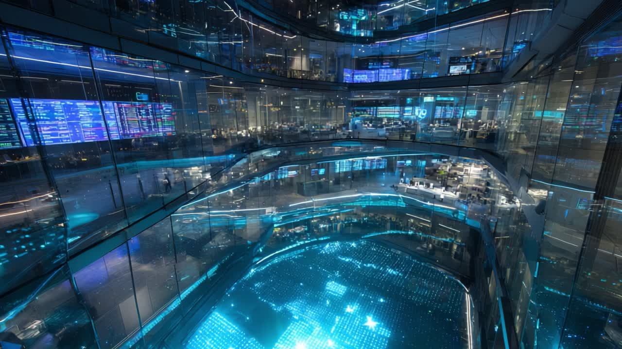 Modern multi level corporate office building glowing with blue neon lights while financial analysts and stockbrokers work late monitoring data screens and digital market information