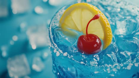 blue cocktail with lemon and cherry