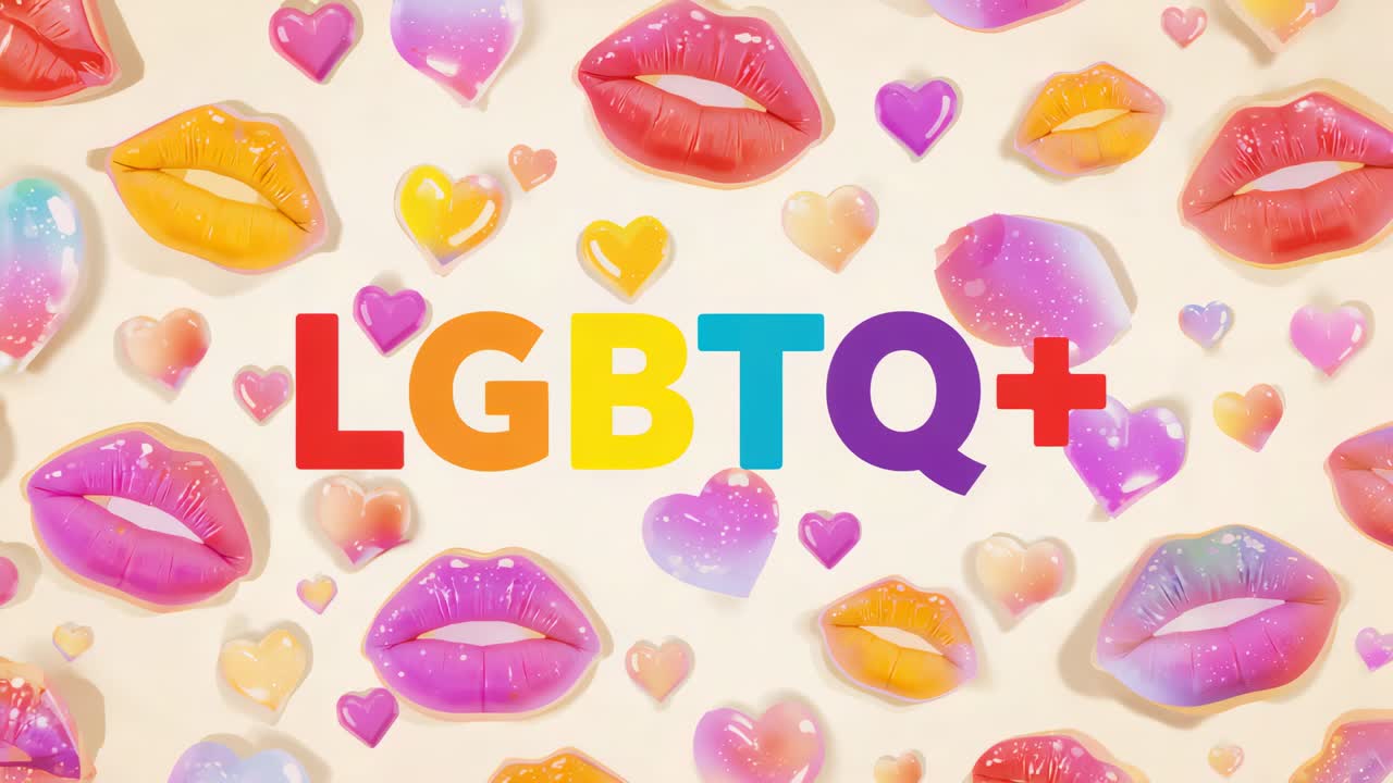 Looping centered colorful LGBTQ+ wordmark staying on cream backdrop lips and hearts drifting