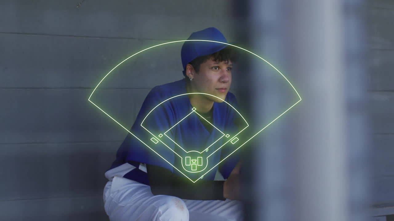 animación de diagrama de campo de béisbol sobre un joven atleta sentado en el dugout