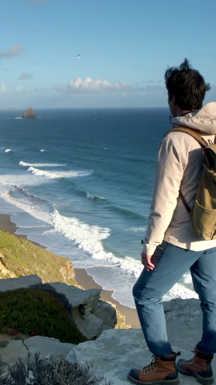 Video verticale: uomo in piedi con felpa con cappuccio che guarda il mare dalla scogliera, vento che soffia, zaino, spazio per il testo