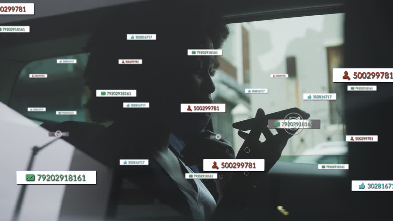 Animation of social media notifications over african american woman in face mask using phone in car