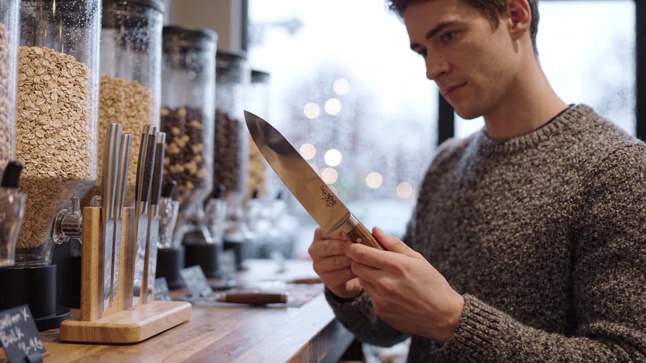 Un momento di riflessione: esaminare la qualità dei coltelli da cucina in un negozio accogliente con vari prodotti secchi nelle vicinanze, perfetto per gli appassionati di cucina e gli chef casalinghi.