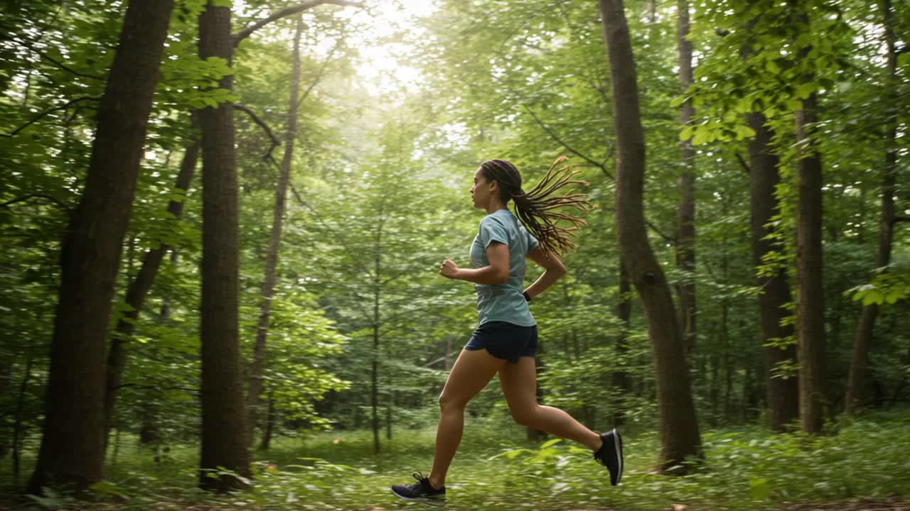 A determined runner strides through a lush, green forest, showcasing the beauty of nature as they embrace the freedom and exhilaration of outdoor exercise