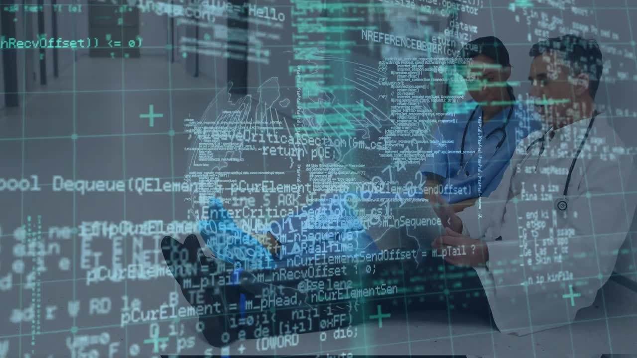 Data processing over diverse male doctor and female health worker discussing in hospital corridor