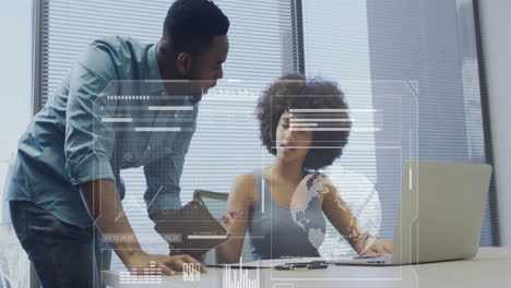 animation of digital data processing over diverse business people in office