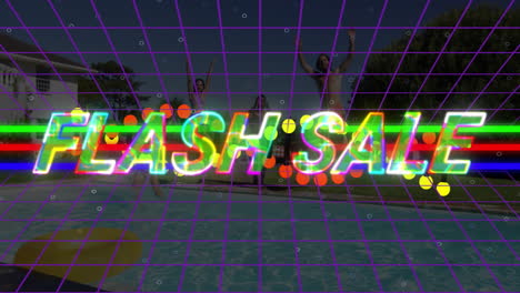four friends jumping into pool under neon flash sale text, showing marketing grid and dna graphics