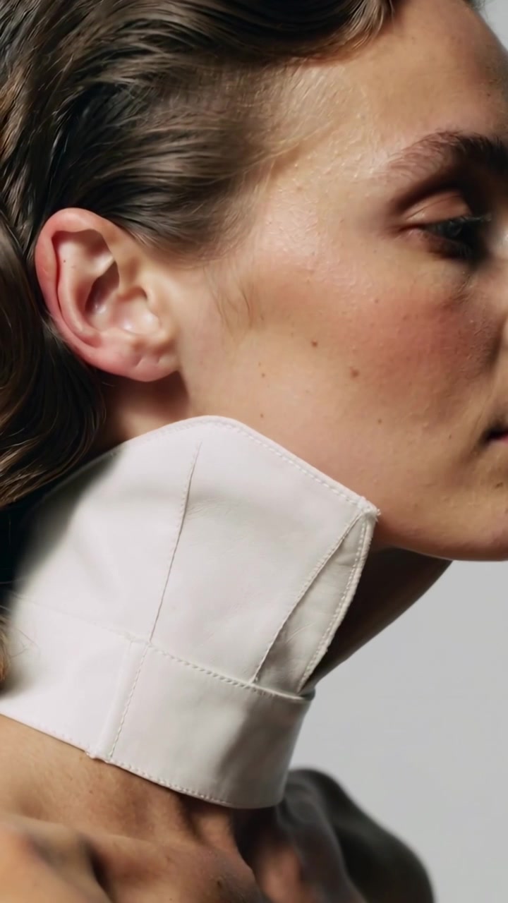 Video verticale: Modella che si gira e abbassa il mento in studio, la telecamera si allontana mostrando le cuciture dei polsini.