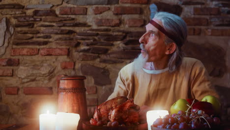 el anciano bebe y mira a un lado en la taberna. el aristócrata anciano tiene un abundante banquete con pollo a la parrilla y alcohol en el castillo.