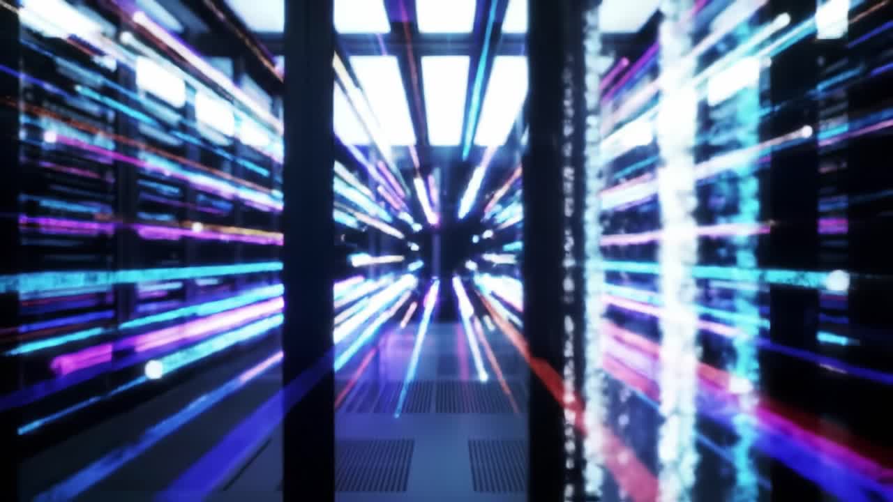 Experience a captivating journey through a futuristic data center where colorful light trails depict the flow of information.