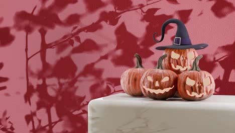 Calabazas-De-Halloween-Con-Sombrero-De-Bruja-Proyectando-Sombras-Sobre-Fondo-Rojo.